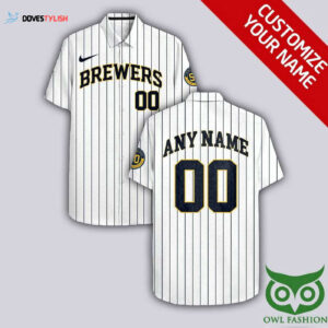 Personalized Milwaukee Brewers White Hawaiian Shirt with Dark Blue Stripes