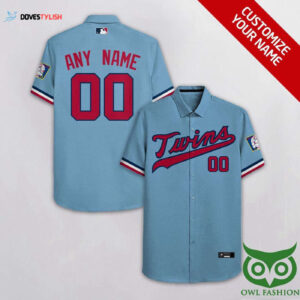 Minnesota Twins Sky Blue Hawaiian Shirt with Custom Team Name - Red Personalized MLB Apparel