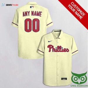 Personalized Philadelphia Phillies Beige & Dark Blue Hawaiian Shirt - Custom MLB Fan Apparel