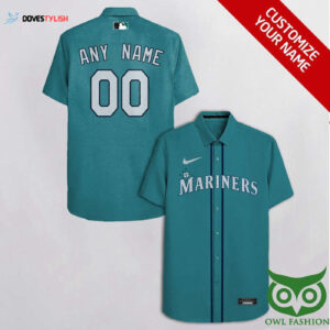 Personalized Seattle Mariners Turquoise Hawaiian Shirt in Light Gray - Custom MLB Apparel