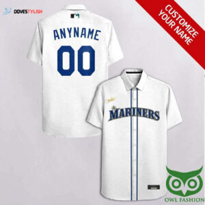 Seattle Mariners White Hawaiian Shirt with Yellow Blue Stripes - Customizable