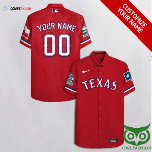 Custom Texas Rangers Red & White Cassette Hawaiian Shirt - Personalized MLB Fan Apparel