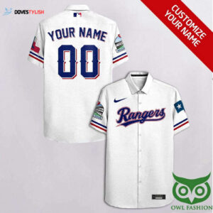 Custom Texas Rangers White & Sapphire Blue Hawaiian Shirt - Personalized MLB Fan Apparel