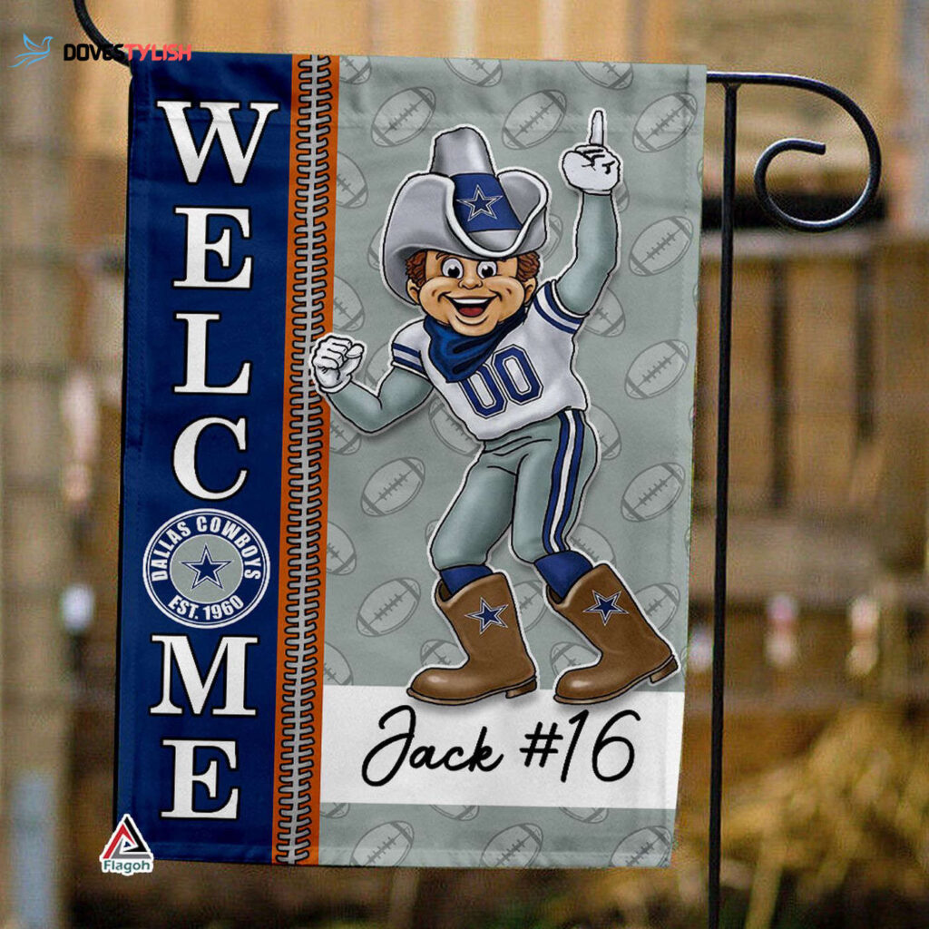 Dallas Cowboys Football Flag, Rowdy Mascot Personalized Football Fan Welcome Flags, Custom Family Name NFL Decor – House Garden Decor Gift