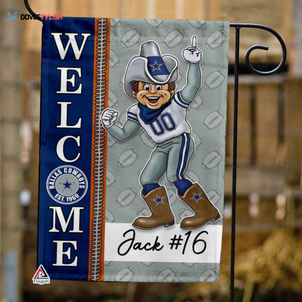 Dallas Cowboys Football Flag, Rowdy Mascot Personalized Football Fan Welcome Flags, Custom Family Name NFL Decor – House Garden Decor Gift