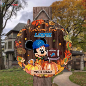 Detroit Lions Mickey Round Wooden Sign - Home Decor Gift