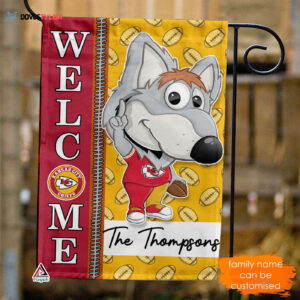 Kansas City Chiefs Football Flag, KC Wolf Mascot Personalized Football Fan Welcome Flags, Custom Family Name NFL Premium Decor - House Garden Decor Gift