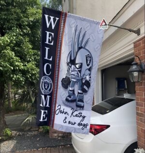 Las Vegas Raiders Football Flag, Raider Rusher Mascot Personalized Football Fan Welcome Flags, Custom Family Name NFL Decor – House Garden Decor Gift