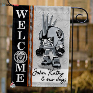Las Vegas Raiders Football Flag, Raider Rusher Mascot Personalized Football Fan Welcome Flags, Custom Family Name NFL Decor - House Garden Decor Gift
