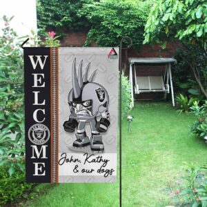 Las Vegas Raiders Football Flag, Raider Rusher Mascot Personalized Football Fan Welcome Flags, Custom Family Name NFL Decor - House Garden Decor Gift 3