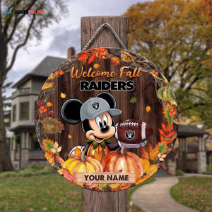 Las Vegas Raiders Mickey Round Wooden Sign - Home Decor Gift