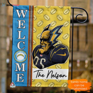 Los Angeles Chargers Football Flag, Boltman Mascot Personalized Football Fan Welcome Flags, Custom Family Name NFL Premium Decor - House Garden Decor Gift