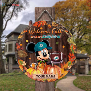 Miami Dolphins Mickey Round Wooden Sign - Home Decor Gift