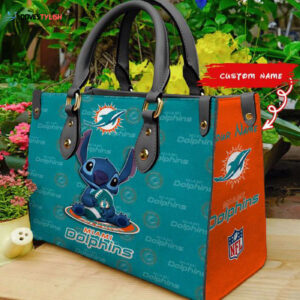 Miami Dolphins Stitch Women Custom Name Leather Hand Bag