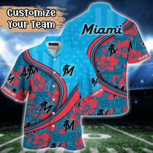 Miami Marlins MLB US Flag Flower Hawaii Shirt  For Fans, Custom Summer Football Shirts