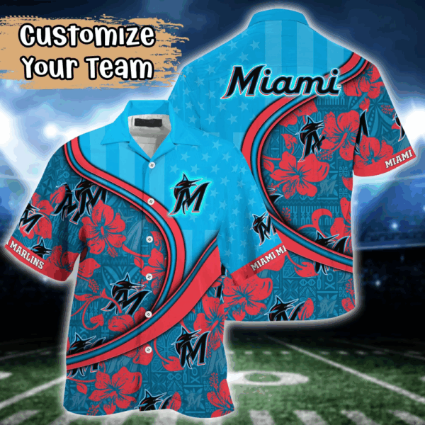 Miami Marlins MLB US Flag Flower Hawaii Shirt  For Fans, Custom Summer Football Shirts