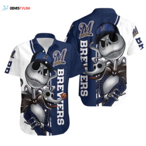 Milwaukee Brewers Jack Skellington And Zero Hawaiian Shirt - Official MLB Fan Gear
