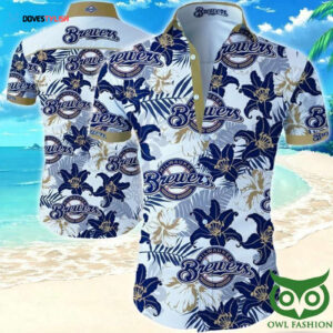 Milwaukee Brewers Hawaiian Shirt with White and Dark Blue Flowers
