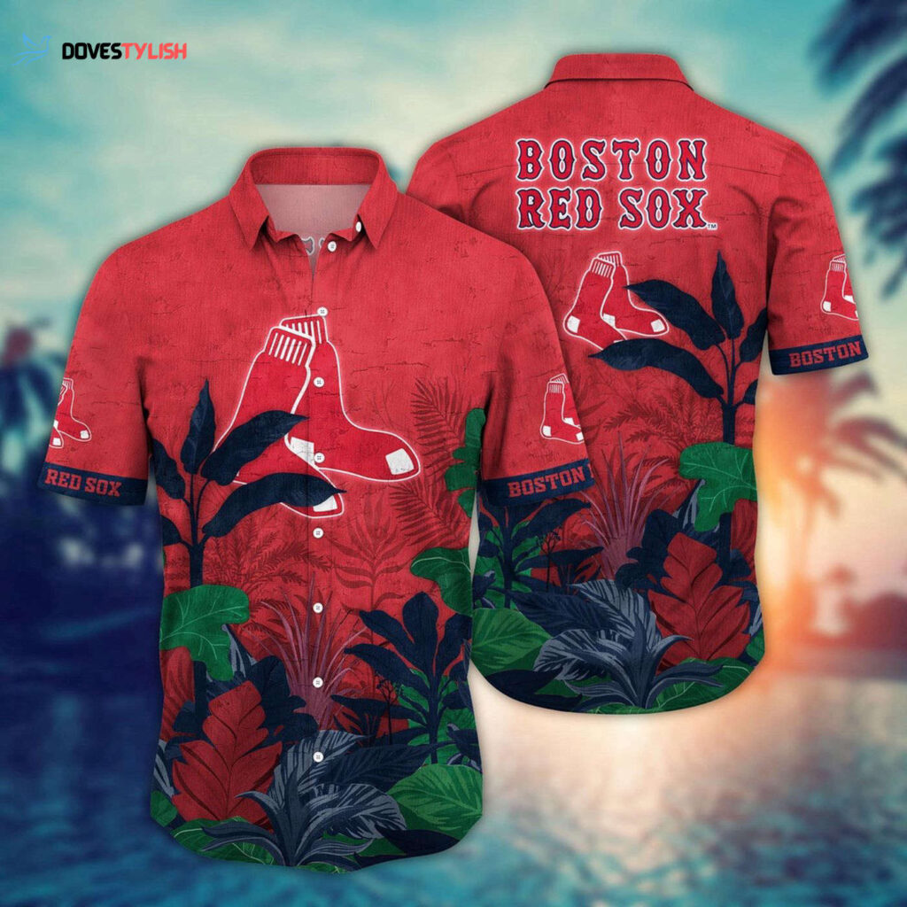 MLB Boston Red Sox Hawaiian Shirt: Tropical Trees Pattern for Fans MLB Boston Red Sox Hawaiian Shirt: Tropical Trees Pattern for Fans