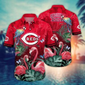 MLB Cincinnati Reds Hawaiian Shirt: Pink Crane Pattern for Fans