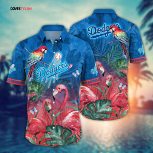 MLB Los Angeles Dodgers Hawaiian Shirt: Pink Crane Flower Pattern for Fans
