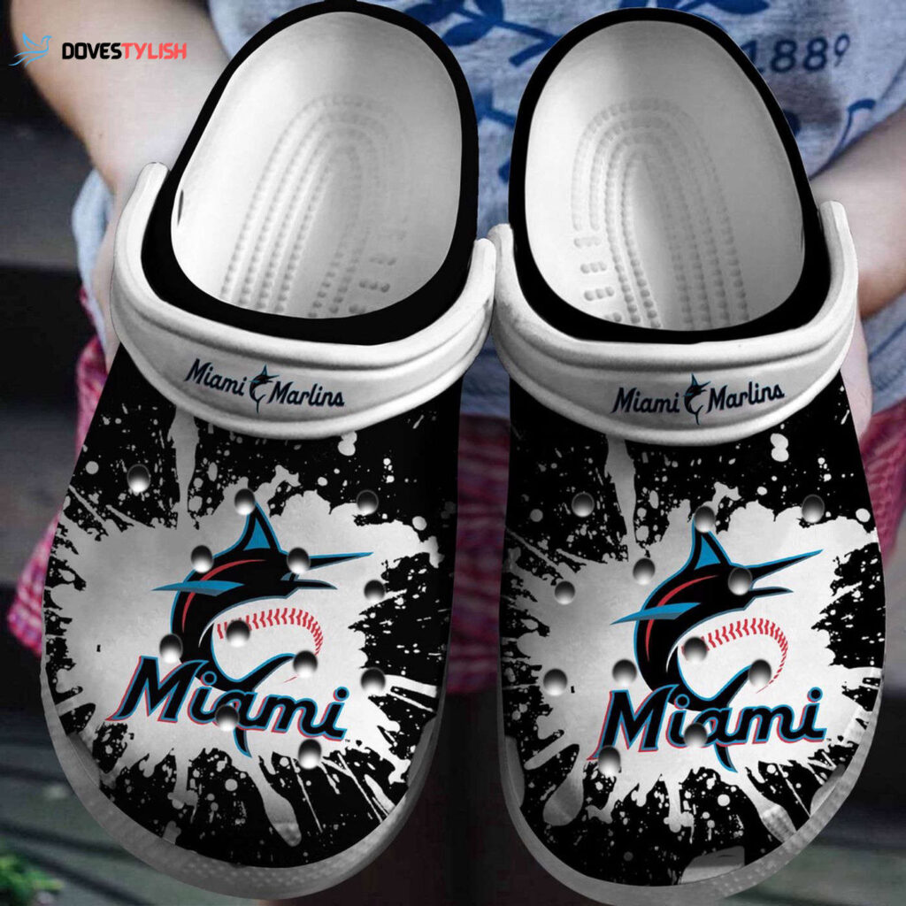 MLB Miami Marlins Clog-Shoes Clog Shoes Black – White For Fan Baseball