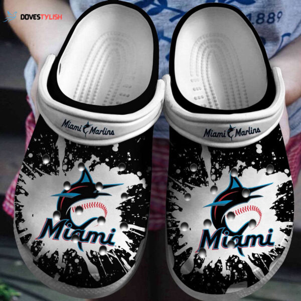 MLB Miami Marlins Clog-Shoes Clog Shoes Black – White For Fan Baseball