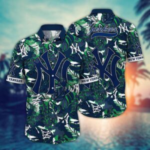MLB New York Yankees Hawaiian Shirt: Fan Paradise with Flower & Palm Tree Design