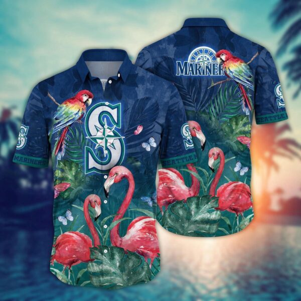 MLB Seattle Mariners Hawaiian Shirt: Pink Crane Flower Pattern for Fans