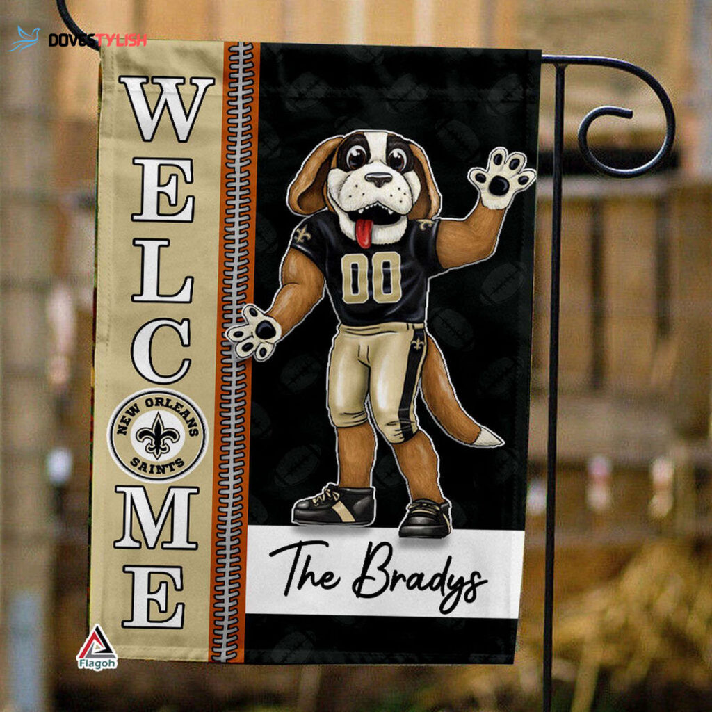 New Orleans Saints Football Flag, Gumbo Mascot Personalized Football Fan Welcome Flags, Custom Family Name NFL Decor – House Garden Decor Gift