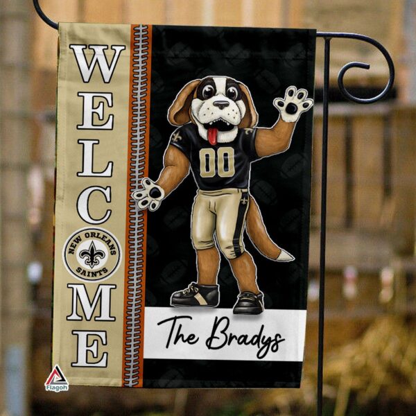 New Orleans Saints Football Flag, Gumbo Mascot Personalized Football Fan Welcome Flags, Custom Family Name NFL Decor – House Garden Decor Gift