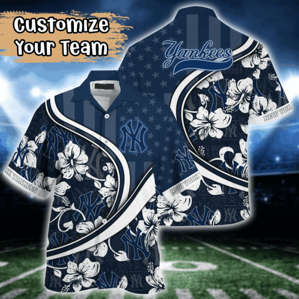New York Yankees MLB US Flag Flower Hawaii Shirt   For Fans, Custom Summer Football Shirts