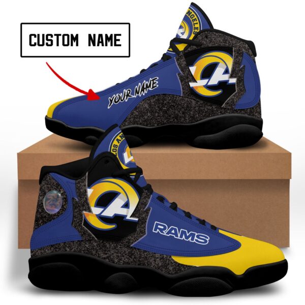 Personalized NFL Los Angeles Rams Air Jordan 13 Shoes in Blue Yellow and Grey