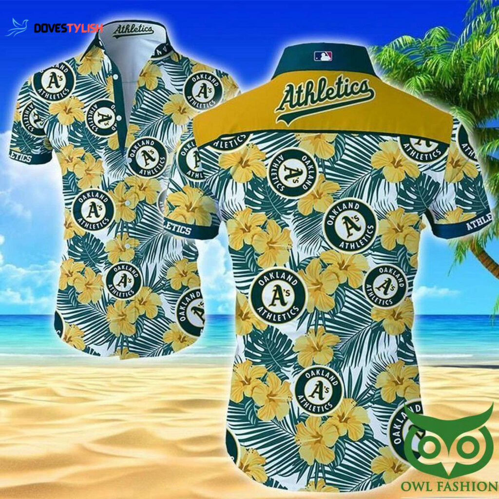 Oakland Athletics Hawaiian Shirt with White and Yellow Flowers – Official MLB Merchandise