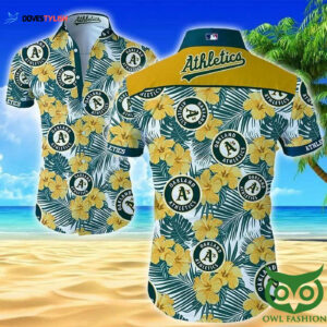 Oakland Athletics Hawaiian Shirt with White and Yellow Flowers - Official MLB Merchandise