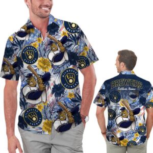 Custom Milwaukee Brewers Tropical Floral America Flag Hawaiian Shirt – Personalized MLB Fan Apparel