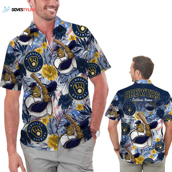 Custom Milwaukee Brewers Tropical Floral America Flag Hawaiian Shirt – Personalized MLB Fan Apparel