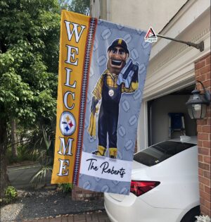 Pittsburgh Steelers Football Flag, Steely McBeam Mascot Personalized Football Fan Welcome Flags, Custom Family Name NFL Decor – House Garden Decor Gift