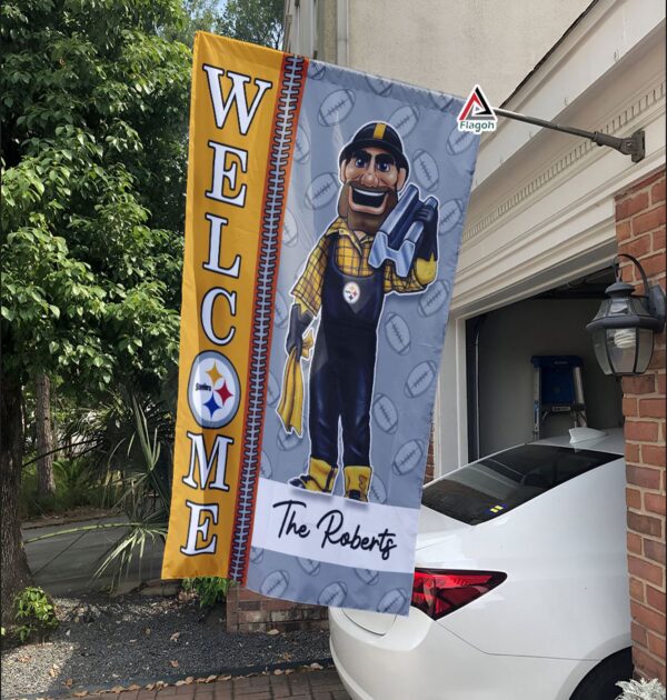 Pittsburgh Steelers Football Flag, Steely McBeam Mascot Personalized Football Fan Welcome Flags, Custom Family Name NFL Decor – House Garden Decor Gift