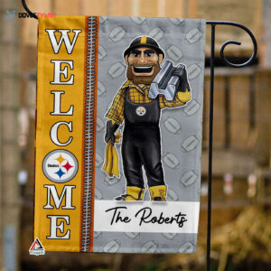 Pittsburgh Steelers Football Flag, Steely McBeam Mascot Personalized Football Fan Welcome Flags, Custom Family Name NFL Decor - House Garden Decor Gift