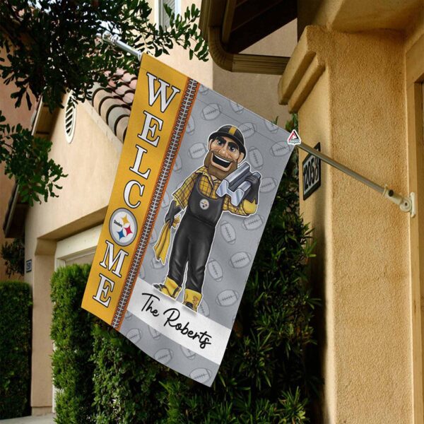 Pittsburgh Steelers Football Flag, Steely McBeam Mascot Personalized Football Fan Welcome Flags, Custom Family Name NFL Decor – House Garden Decor Gift