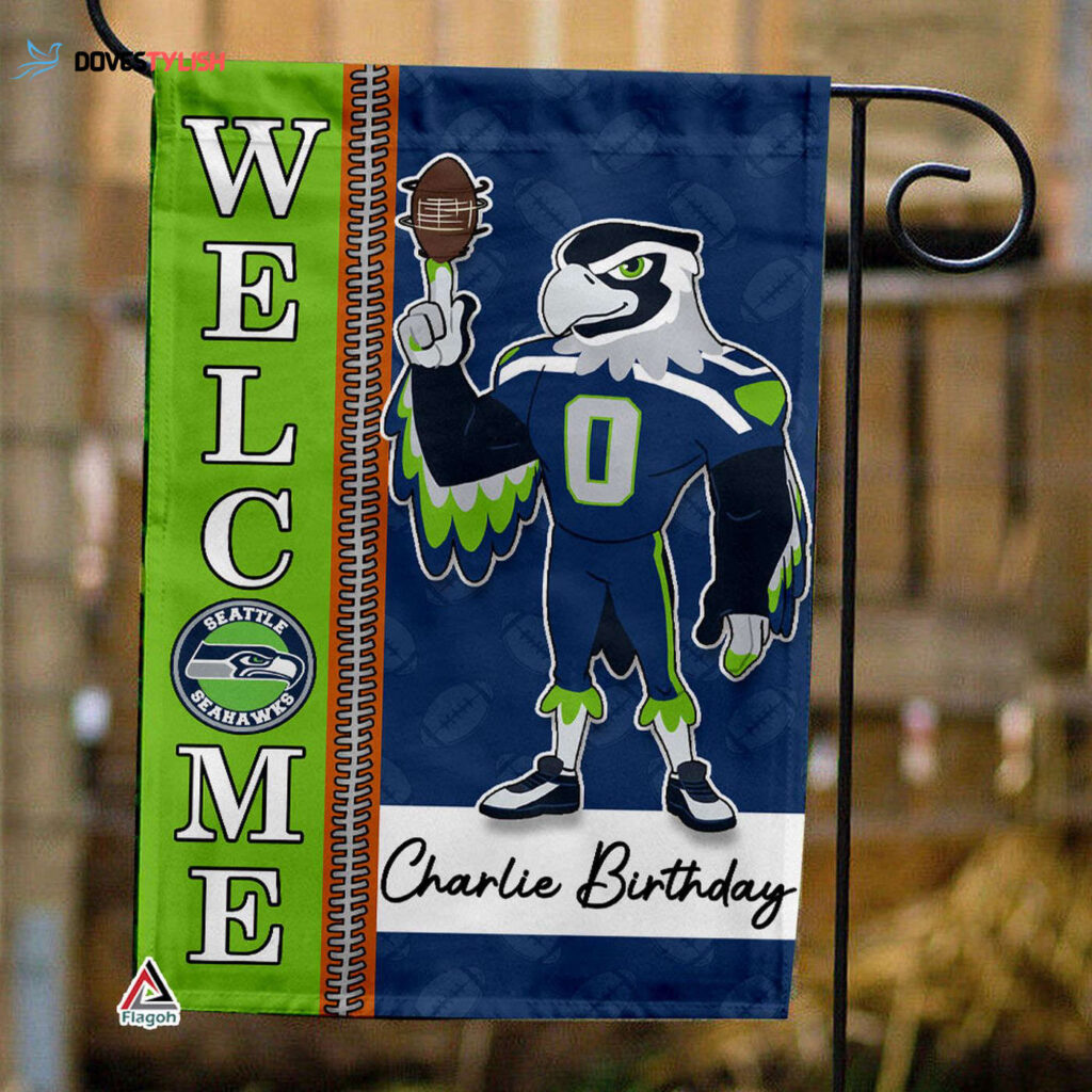 Seattle Seahawks Football Flag, Blitz Mascot Personalized Football Fan Welcome Flags, Custom Family Name NFL Decor – House Garden Decor Gift