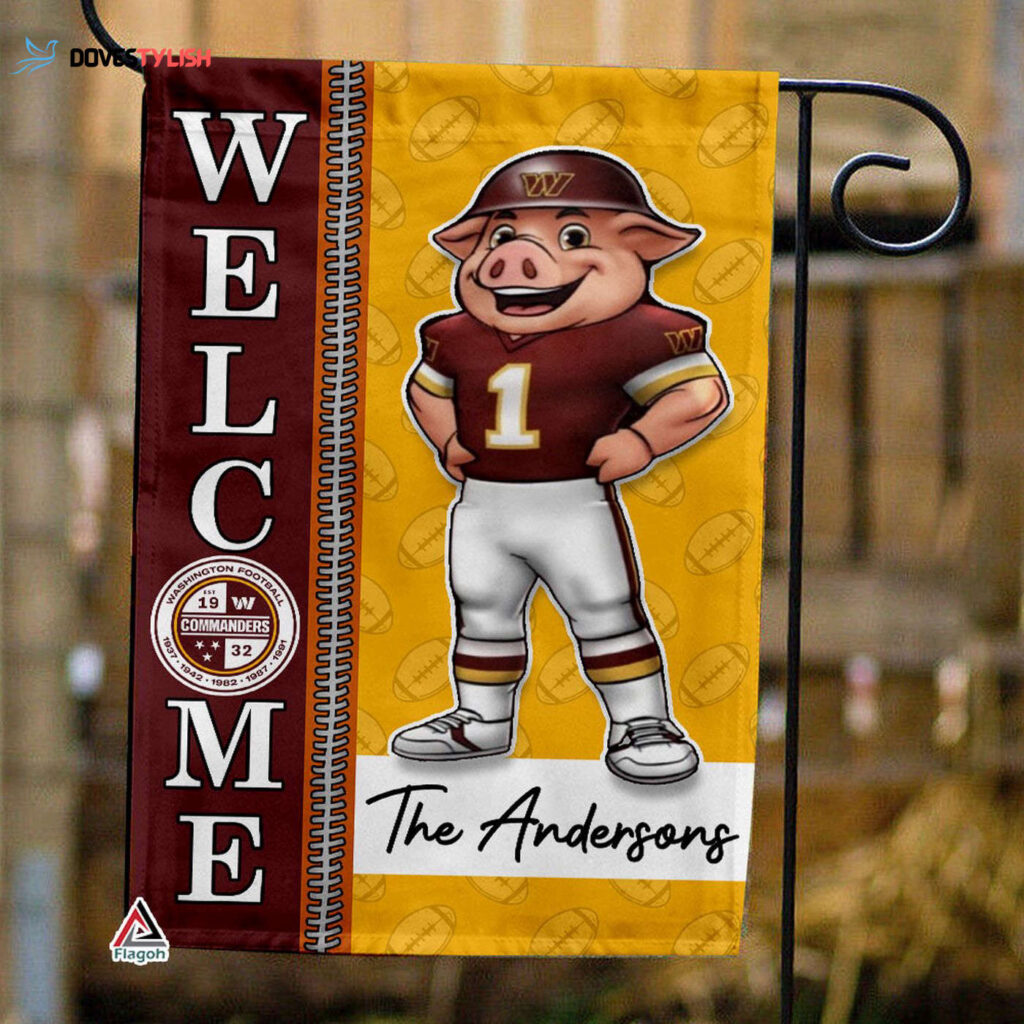 Washington Commanders Football Flag, Major Tuddy Mascot Personalized Football Fan Welcome Flags, Custom Family Name NFL Decor – House Garden Decor Gift