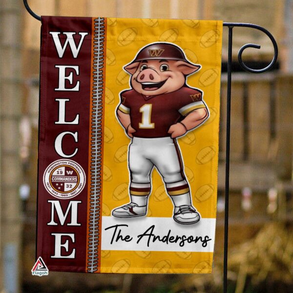 Washington Commanders Football Flag, Major Tuddy Mascot Personalized Football Fan Welcome Flags, Custom Family Name NFL Decor – House Garden Decor Gift