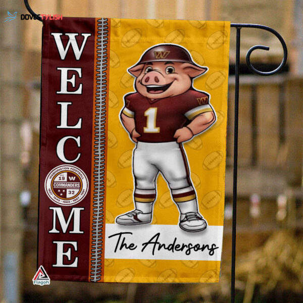 Washington Commanders Football Flag, Major Tuddy Mascot Personalized Football Fan Welcome Flags, Custom Family Name NFL Decor – House Garden Decor Gift